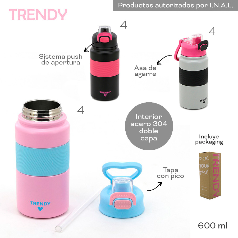 18441- Botella Termica Trendy	600ml Acero Apertura push, tapa con pico, asa de agarre.  Interior acero 304 doble capa  +info+fotos