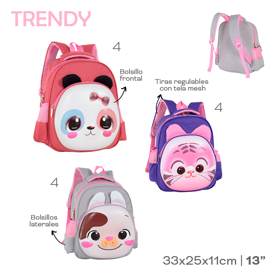 53664- Mochila TRENDY Infantil	33cmX25cmX11cm	Cordura	13p, bolsillo frontal, laterales y tiras regulables con tela mesh +INFO+FOTOS
