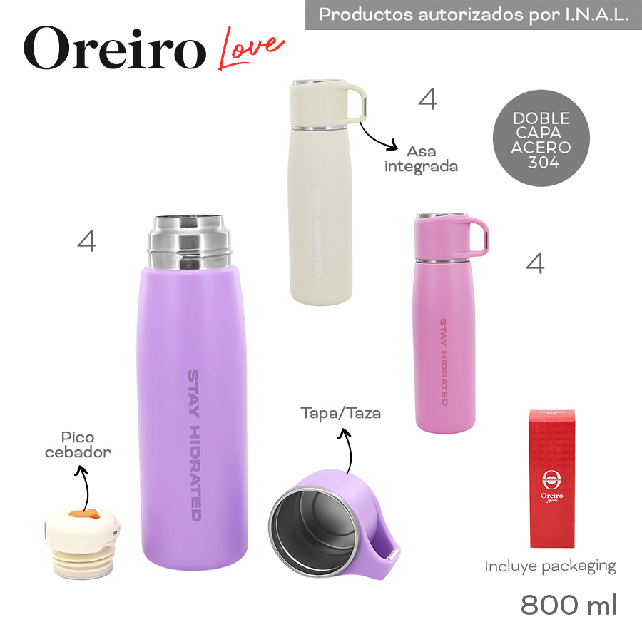 30514- Termo Oreiro	800ml	ACERO	Pico cebador, taza, asa integrada,  capa doble acero 304, incluye packaging +INFO+FOTOS