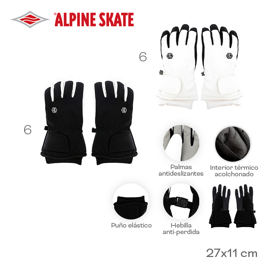 31267-Guante Alpine Skate	27cm	11cm		Poliéster	Puño elástico, palmas antides, interior térmico acolchonado, hebilla antipérdida +INFO+FOTOS