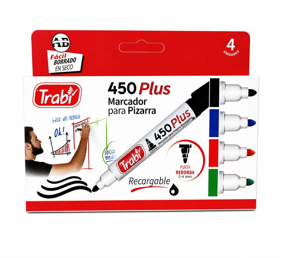 450X4C- MARCADOR TRABI X4 PLUS PIZARRA RECARGABLE PUNTA REDONDA CAJA X4 CLASICOS COLORES