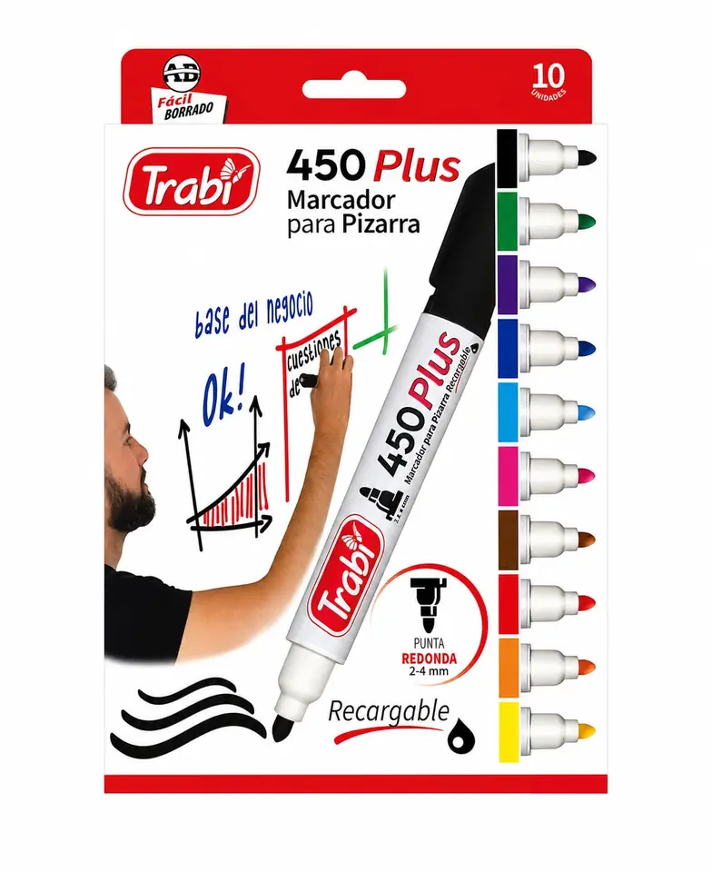 450X10- MARCADOR TRABI X10 PLUS PIZARRA RECARGABLE PUNTA REDONDA CAJA X10 COLORES