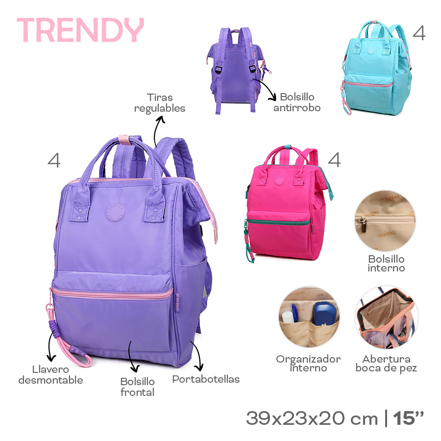 22597- Mochila BOCA DE PEZ Trendy	39cm	23cm	20cm	Nylon	15p bol antirrobo y front, tiras reg, bol y org int, llav desm, abertura boca de pez, portab +INFO+FOTOS