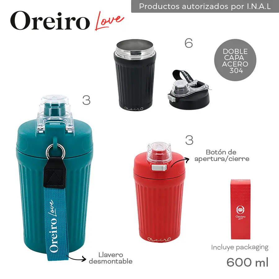 18390- Vaso Termico Oreiro  T2	600ml	ACERO	Tapa a rosca con botón de apertura/cierre, capa doble acero 304, incluye packaging +INFO+FOTOS