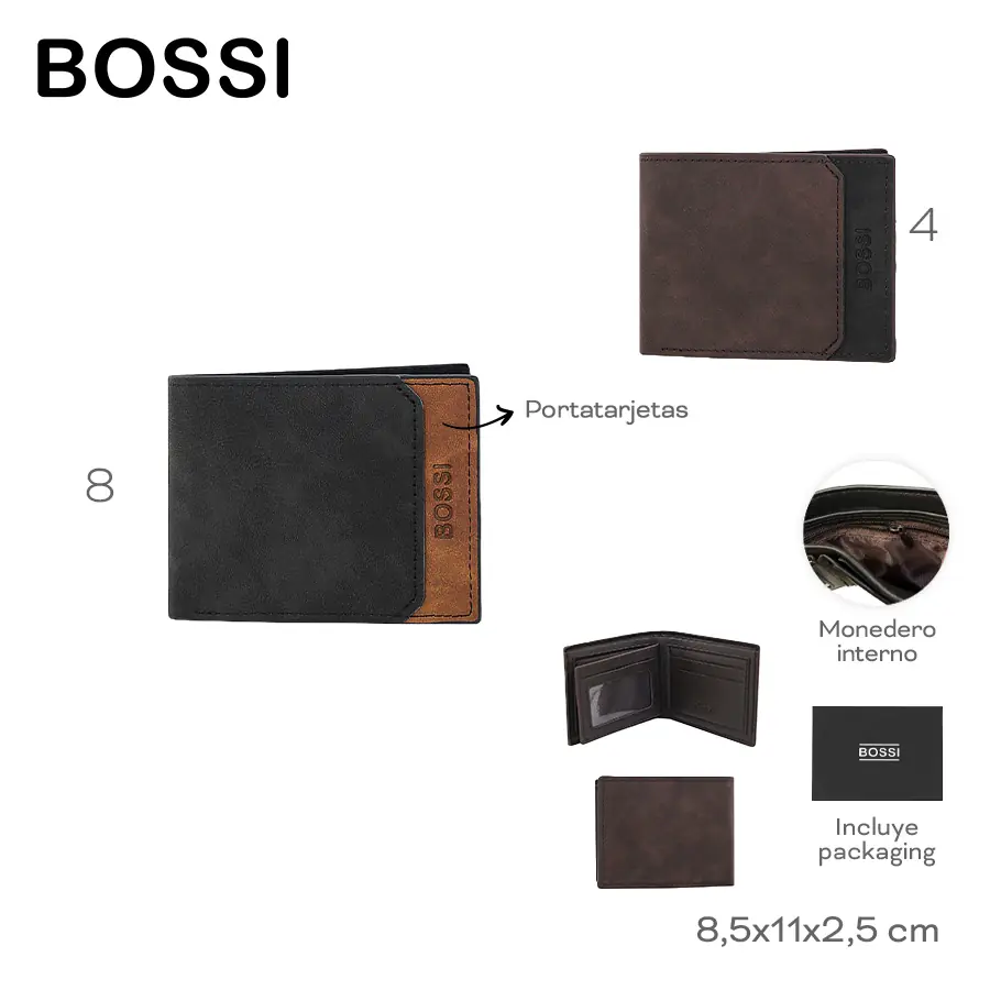 32027-	Billetera Bossi	8,5cm	11cm	2,5cm	PU	Portatarjetas, monedero interno, incluye packaging TEXTIL +INFO+FOTOS