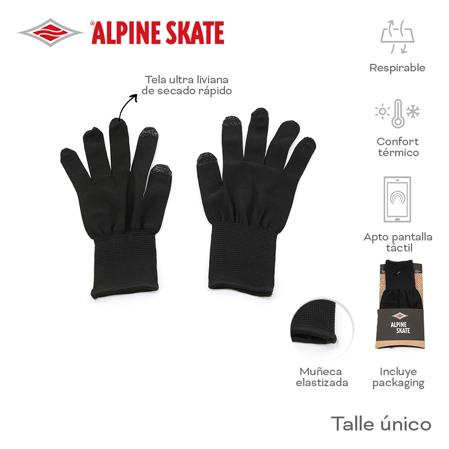 18902-Guante Prim Piel Alpine Skate T2				Poliéster	Talle único, tela ultra liviana secado rápido, muñeca elastizada respirable, inc pckg, confort térmico, apto pantalla táctil +INFO+FOTOS