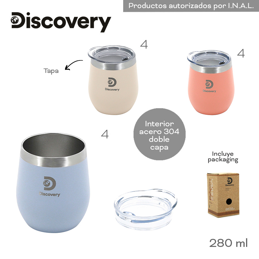 18501 - Mate C/ Tapa Discovery 280ml,  Info: Tapa antiderrame. Incluye packaging  Composición: Acero  Alto: 280ml +info+fotos