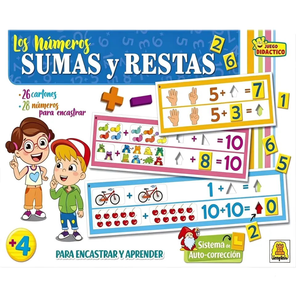 IM341- Los Números (+ y -) Edad: a partir de 4 años Participantes: 1 o mas Medidas de la caja: 37.5 x 26 x 4 cm Juego autocorrectivo de operaciones matemáticas, con tableros con diferentes niveles de dificultad. IMPLAS DIDACTICOS EDUCATIVOS CAJAX6.