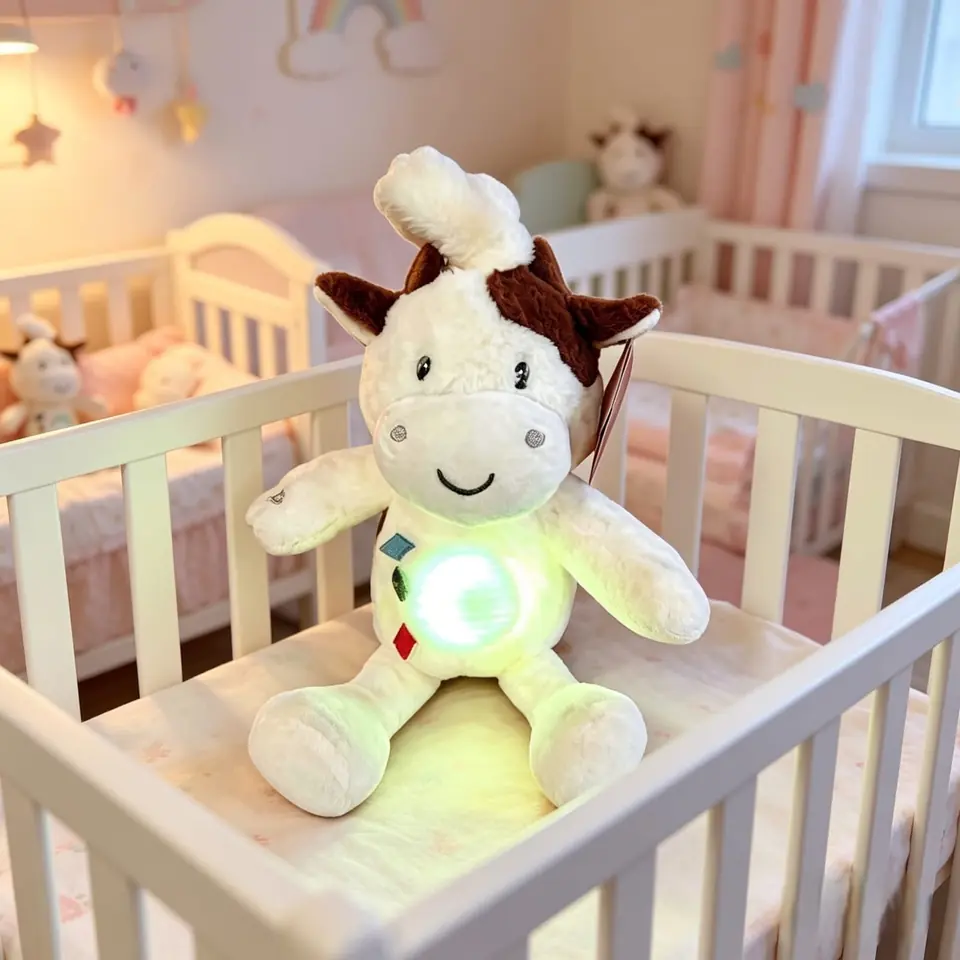 341122A- VACA DOBLE COMANDO SONIDO LUZ LED CAMBIANTE ENGANCHE A PILA 12"=30.5CM  peluches +INFO+FOTOS