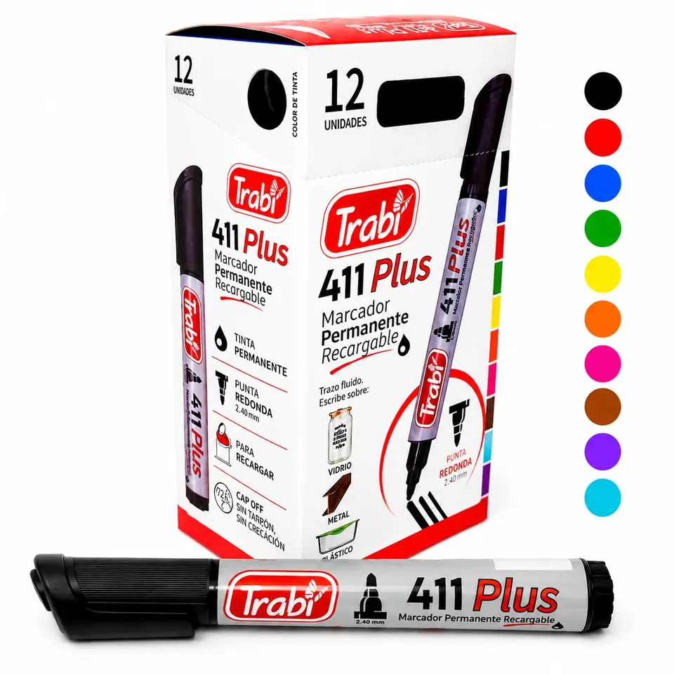 -411- MARCADOR TRABI PLUS PERMANENTE RECARGABLE PUNTA REDONDA CAJA X12 PRECIO X UNIDAD $675, 10 COLORES