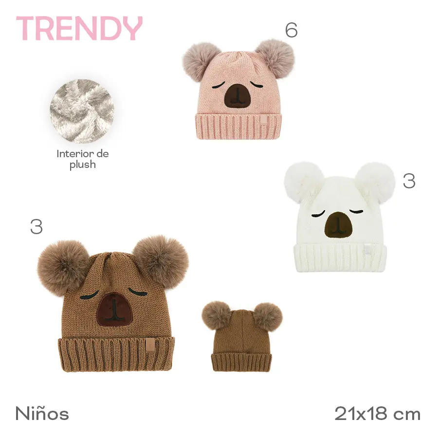 31102-Gorro Infantil Trendy	21cm	18cm		Acrílico	Interior de plush, niños TEXTIL +info+fotos