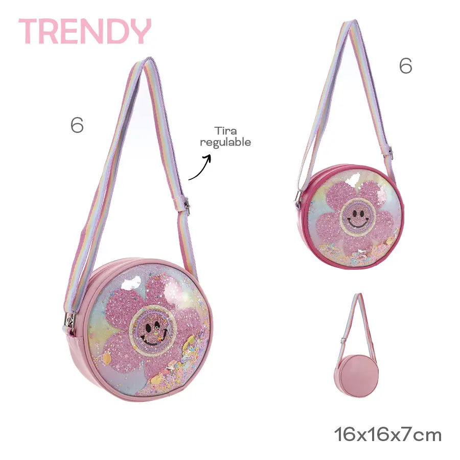 53727C - Carterita Infantil Trendy +INFO+FOTOS Info: Tira regulable, contiene glitter Composición: 70pu 30pvc Alto: 16cm Ancho: 16cm Profundidad: 7cm