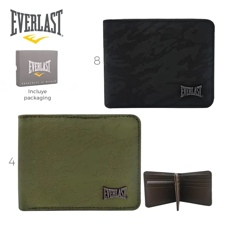 27223 – Billetera Everlast  Info: Incluye packaging Composición: 100% ecocuero Alto: 10 cm Ancho: 11 cm Profundidad: 2 cm
