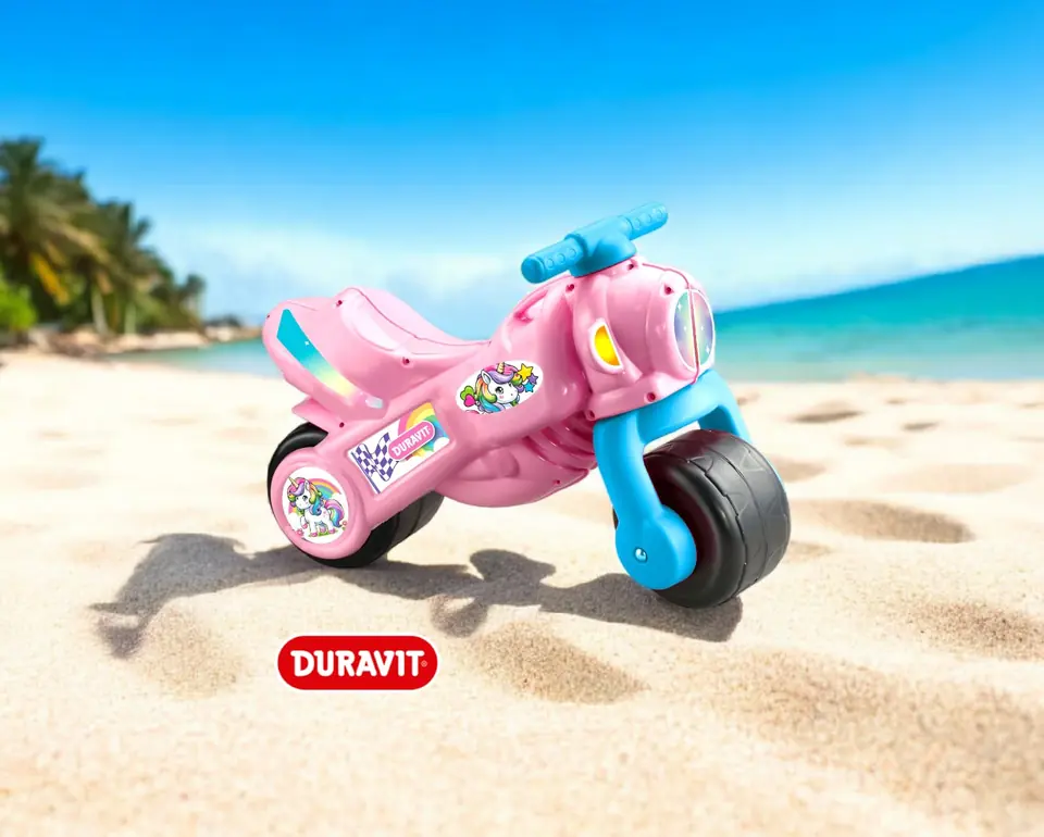 281 - MOTO UNICORNIO PATA PATA 66cm C/DISPOSITIVO DE TRASLADO  DURAVIT +INFO