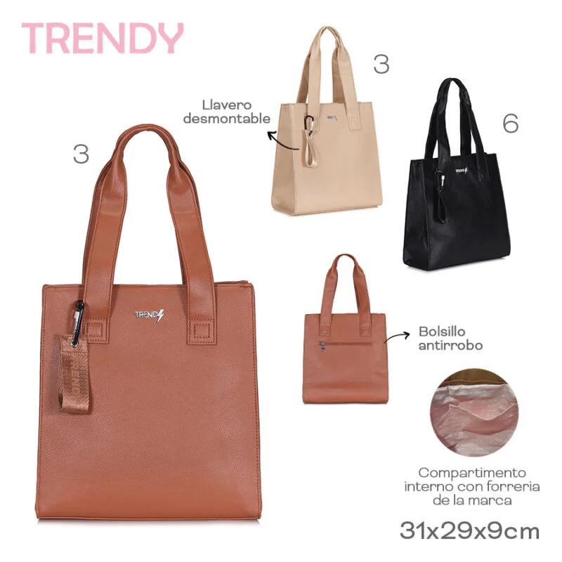 17034 – Cartera Trendy Info: Bolsillo antirrobo, llavero desmontable Composición: PU Alto: 31cm Ancho: 29cm Profundidad: 9cm MARROQUINERIA