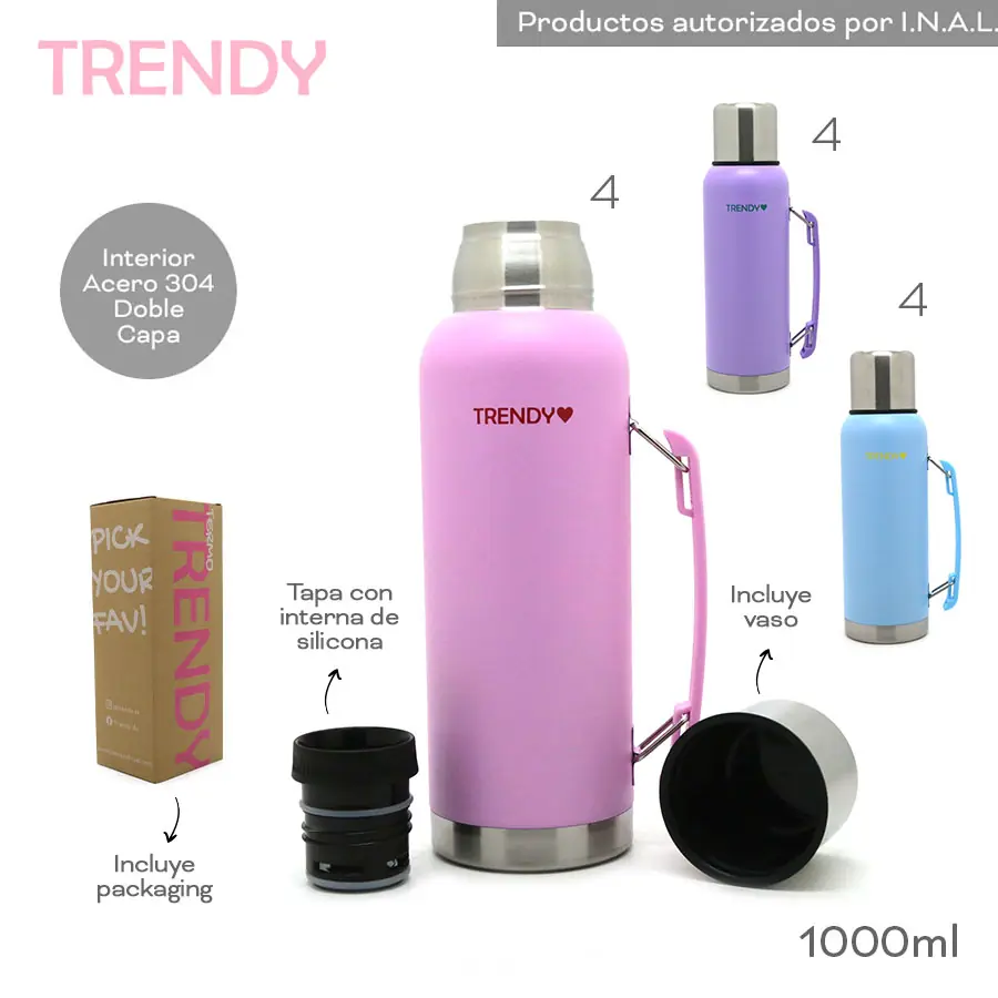 16314 - Termo Trendy T2 1000ML Info: incluye tapa con interna de silicona, vaso, y packaging Composición: ACERO 304