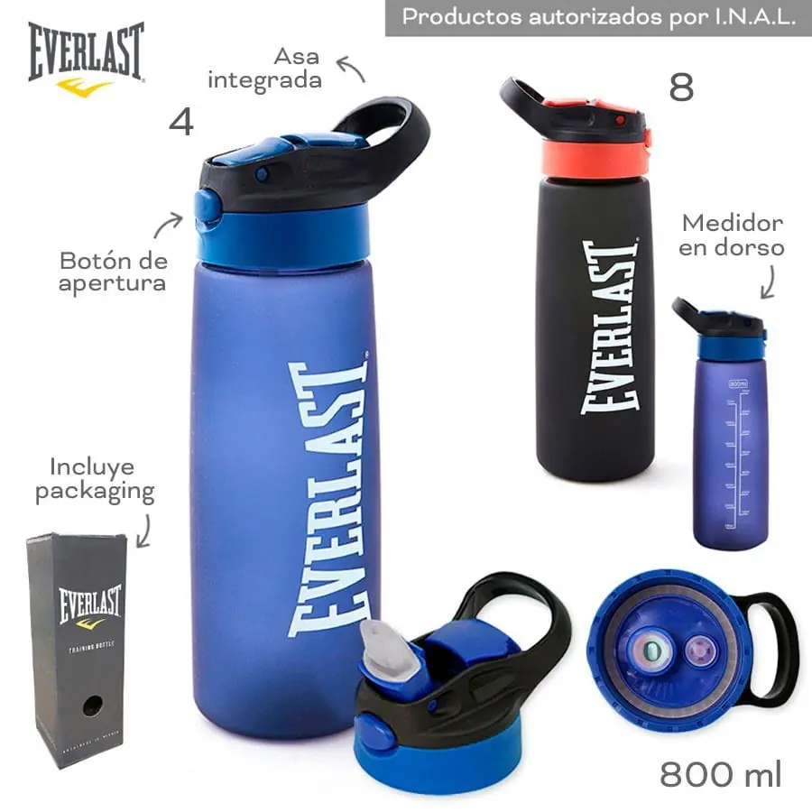 10924 - Botella Everlast T9 800ml  Info: Boton de apertura, pico y sorbete, asa integrada, incluye packaging  Composición: PC  Alto: 800 ml +info+fotos