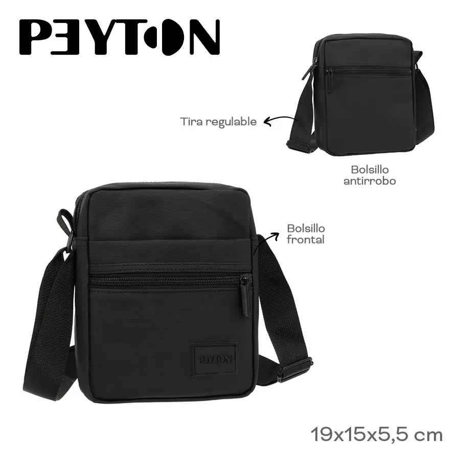 54400-	Morral Peyton	19cm	15cm	5,5cm	Nylon	Bolsillo frontal y antirrobo, tira regulable MARROQUINERIA +INFO+FOTOS