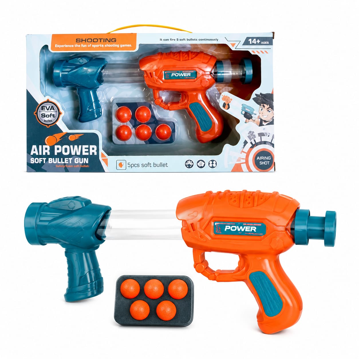 57200- PISTOLA SHOOTER LANZA BOLAS 31X17X5 -CARGA 5 PELOTAS DE EVA ESPUMA NO DUELEN SEGURA NO ROMPEN FUNCIONA CON AIRE JUGUETES +INFO+FOTOS