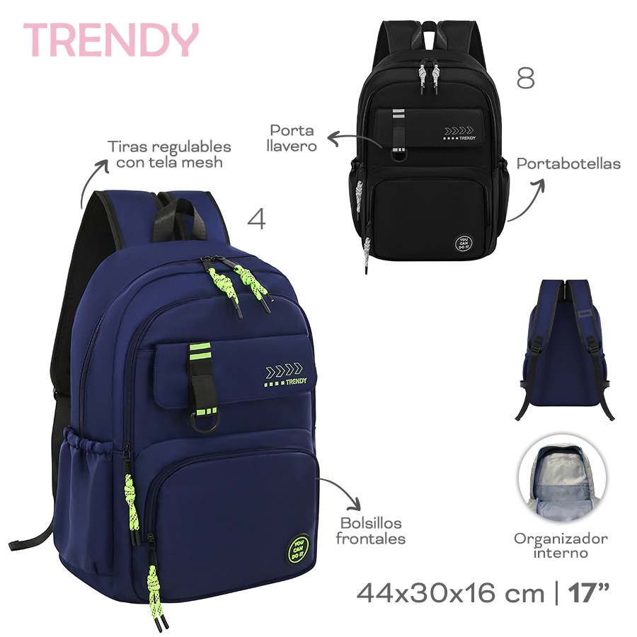 18587- Mochila Trendy	44cm	30cm	16cm	Nylon	17p Bols fronts, lat, org int, p llavero, tir mesh +info+fotos