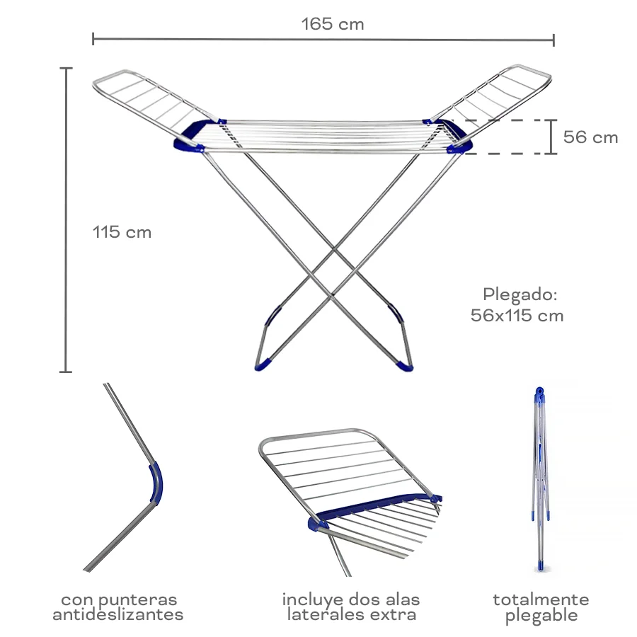 16362 – Tender Ropa Aluminio reforzado Plegable gde  Info: Punteras antideslizantes, alas laterales extra, totalmente plegable Composición: Alumino Reforzado Alto: 115cm Ancho: 165cm Profundidad: 56cm