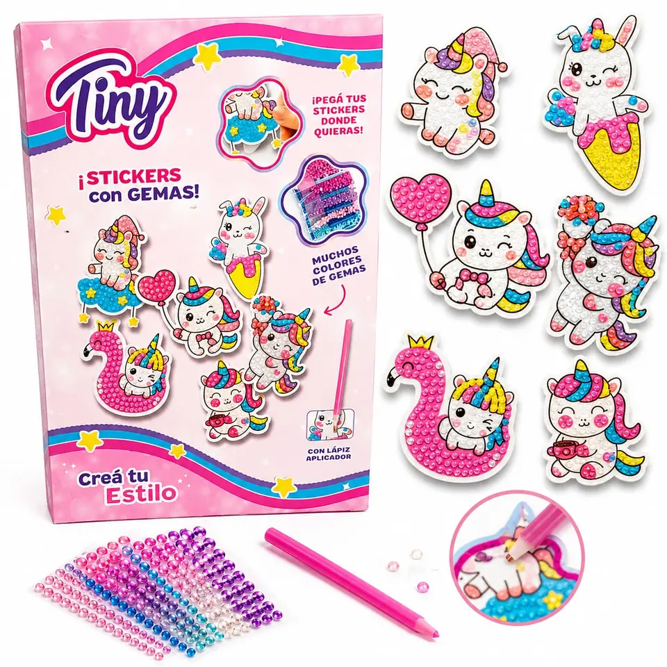 *57071-GEMAS TINY DIAMOND PAINTING DECORACIÓN, C/LAPIZ APLICADOR, MUCHOS COLORES DE GEMAS,STICKERS ,CREA TU ESTILO!! 14X21X2 +INFO+FOTOS
