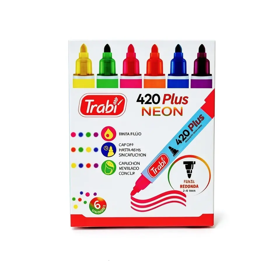 420X6N- MARCADOR TRABI PLUS AL AGUA PUNTA REDONDA CAJA X6 NEON COLORES  SURTIDOS