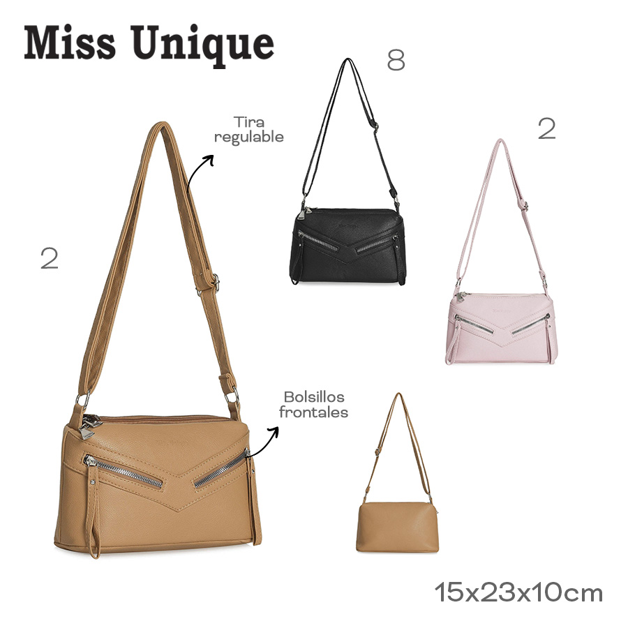 30214 -CARTERA Morral Miss Unique Info: Tira regulable, bolsillos frontales Composición: PU +INFO+FOTOS Alto: 15cm Ancho: 23cm Profundidad: 10cm MARROQUINERIA +info+fotos