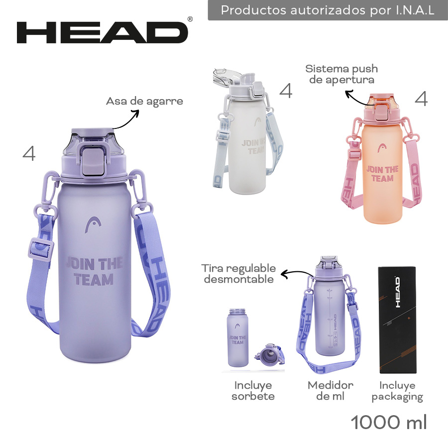 31375 - Botella Head Info:Asa de agarre, incluye sorbete y packaging, medidor de ml, sist push de apertura, tira reg des  Composición: PC  Alto: 1000ml BAZAR +INFO+FOTOS
