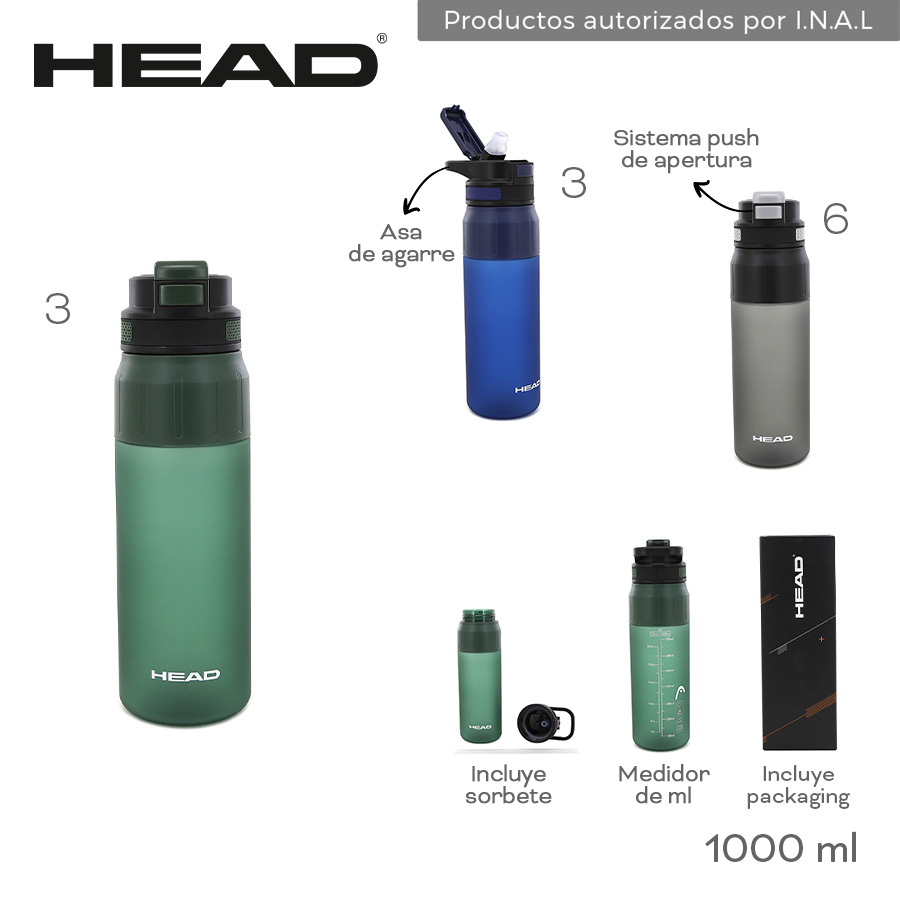 31373 - Botella Head Info: Asa de agarre, incluye sorbete y packaging, medidor de ml, sist push de apertura  Composición: PC  Alto: 1000ml BAZAR +INFO+FOTOS