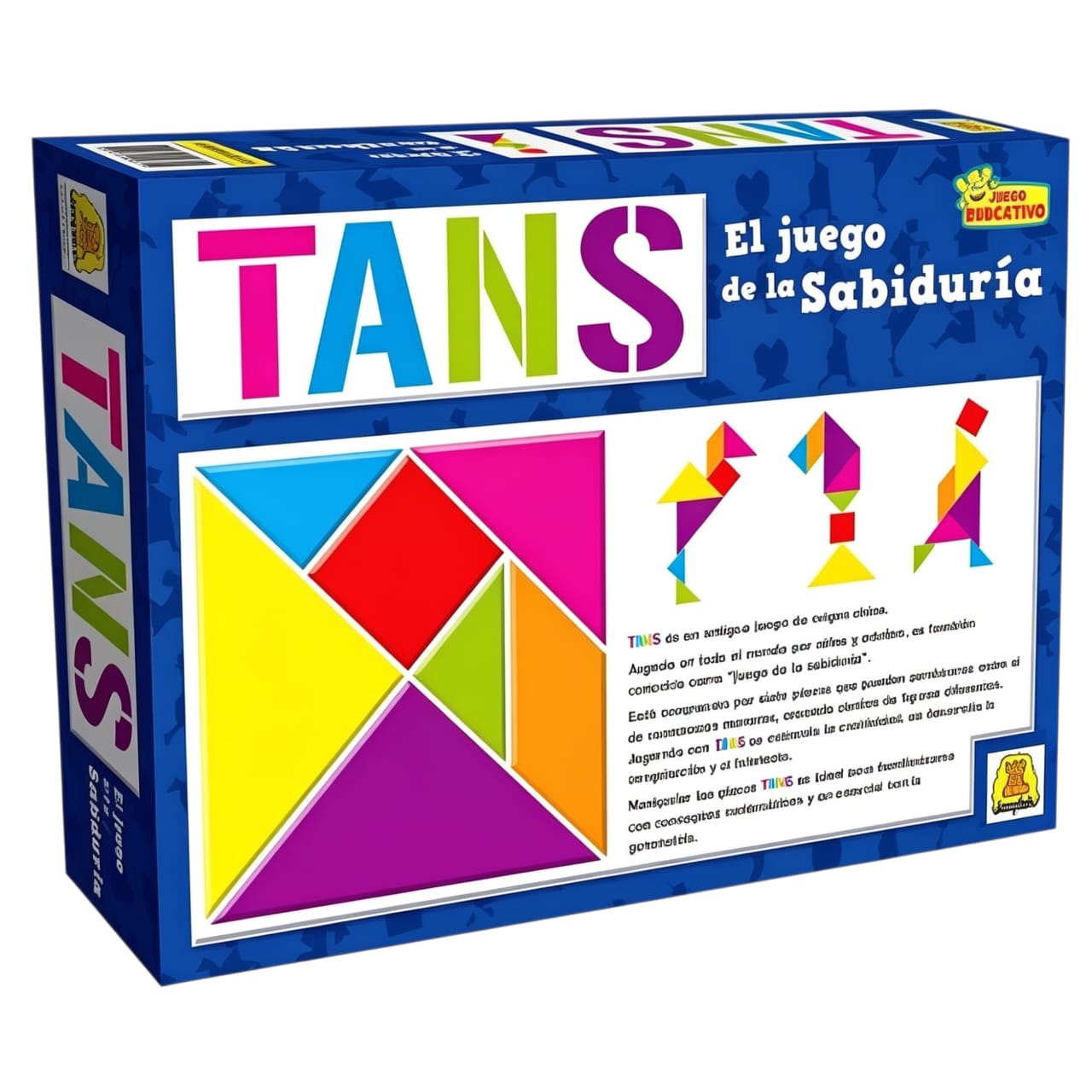 IM336 Tans, Contiene 7 figuras tans y un marco. Participantes: 1 o mas jugadores Edad: a partir de 5 años Medidas de la caja 37.5 x 26 x 7.5 mm Juego de figuras, llamadas tans, que al combinarlas formas otras figuras. IMPLAS TRADICIONAL CAJAX8.