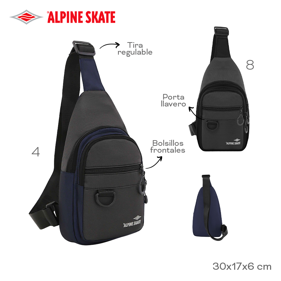18844-	Morral Cruzado Alpine Skate	30cm	17cm	6cm	nylon	Bolsillo frontal, tira regulable, porta llavero MARROQUINERIA +INFO+FOTOS