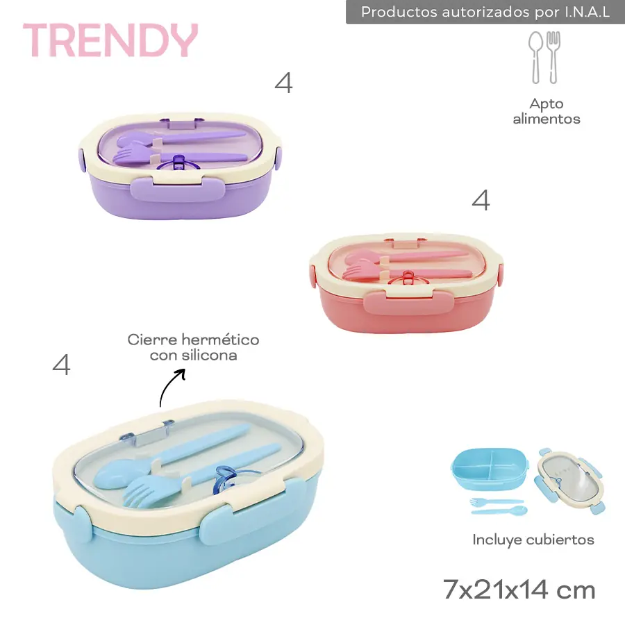 30426- Lunchera Trendy	7cmX21cmX14cm	Plastico	Cierre hermético con silicona, incluye cubiertos +INFO+FOTOS