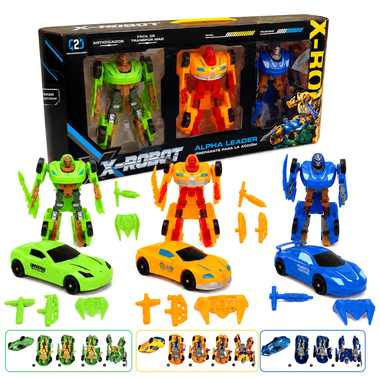 57627- 3 ROBOTS TRANSFORMERS SET EN CAJA VALIJA 48X22X6 JUGUETES +INFO+FOTOS