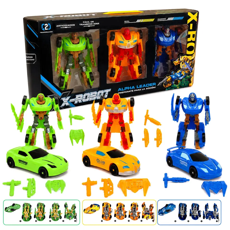 57627- 3 ROBOTS TRANSFORMERS SET EN CAJA VALIJA 48X22X6 JUGUETES +INFO+FOTOS