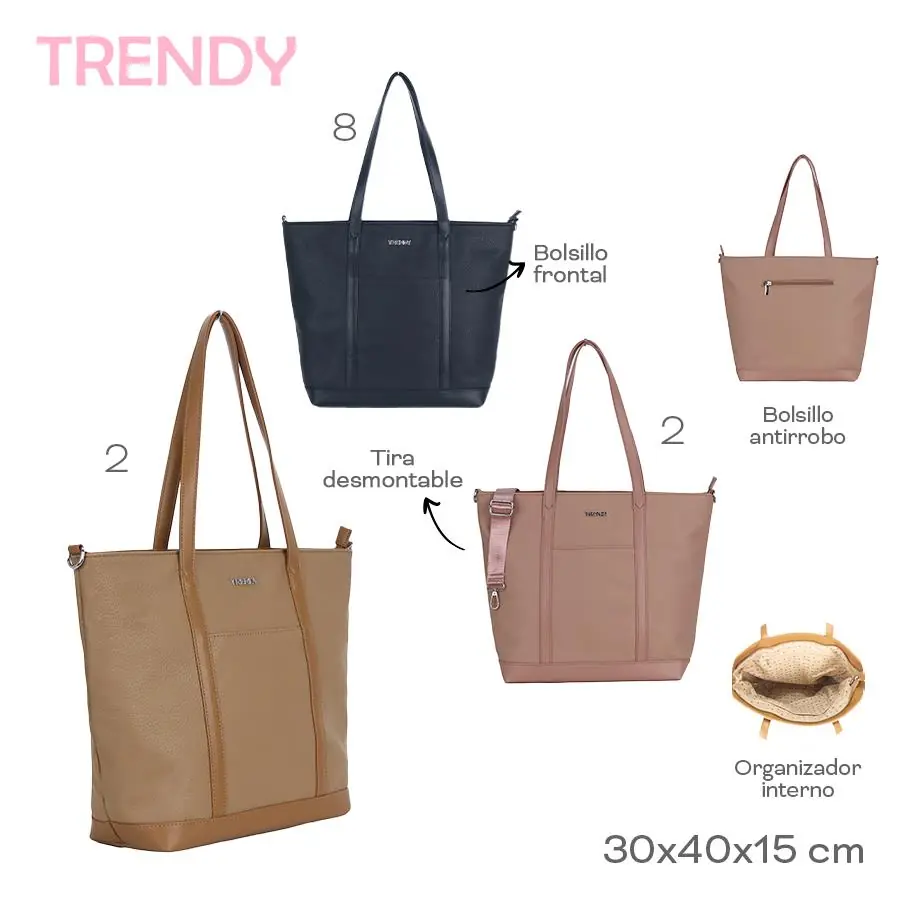 18951- CARTERA Tote Bag Trendy	30cm	40cm	15cm	PU	Bolsillo frontal, antirrobo, tira desmontable, org interno MARROQUINERIA +INFO+FOTOS