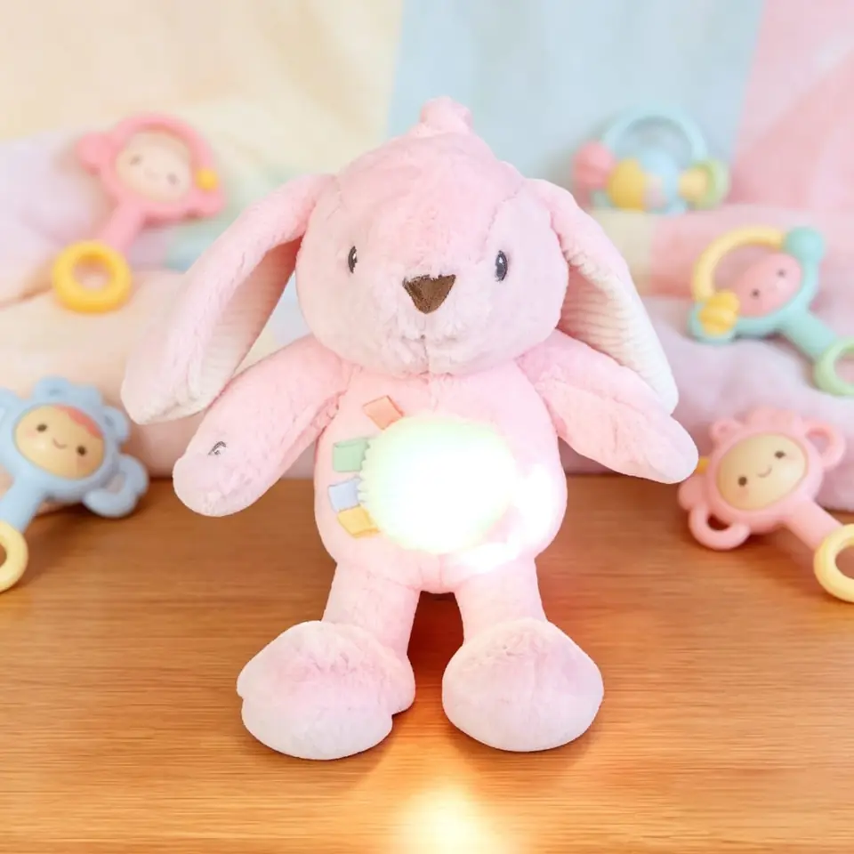 341122G- CONEJO DOBLE COMANDO SONIDO LUZ LED CAMBIANTE ENGANCHE A PILA 12"=30.5CM  peluches +INFO+FOTOS