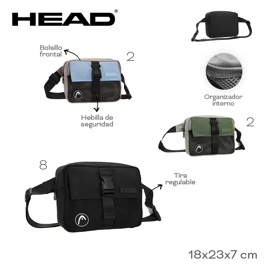53850- Riñonera Morral Head	18cm	23cm	7cm	Nylon	Bolsillo frontal, org int, hebilla de seguridad, tira reg +info+fotos