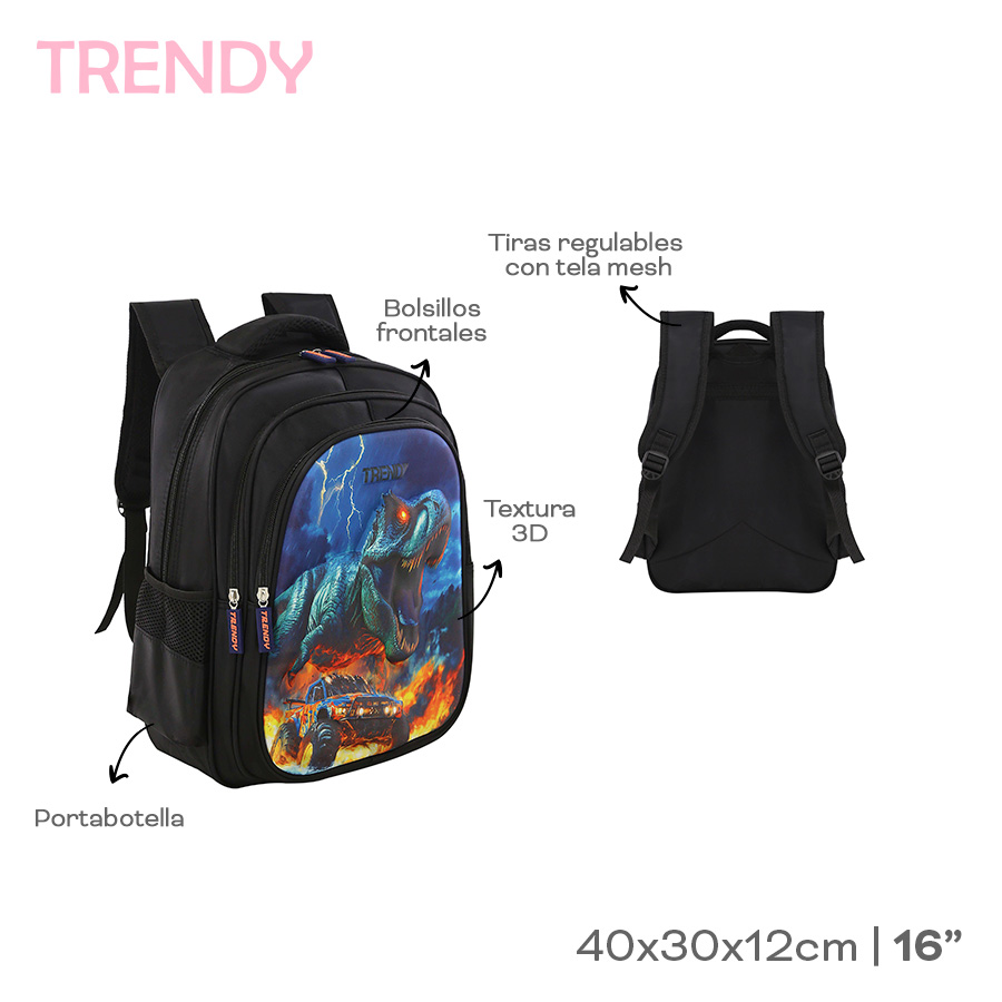 30117- Mochila Trendy	40cmX30cmX12cm	Nylon	16p, Portabotella, bol front, tiras reg con tela mesh, textura 3D +INFO+FOTOS