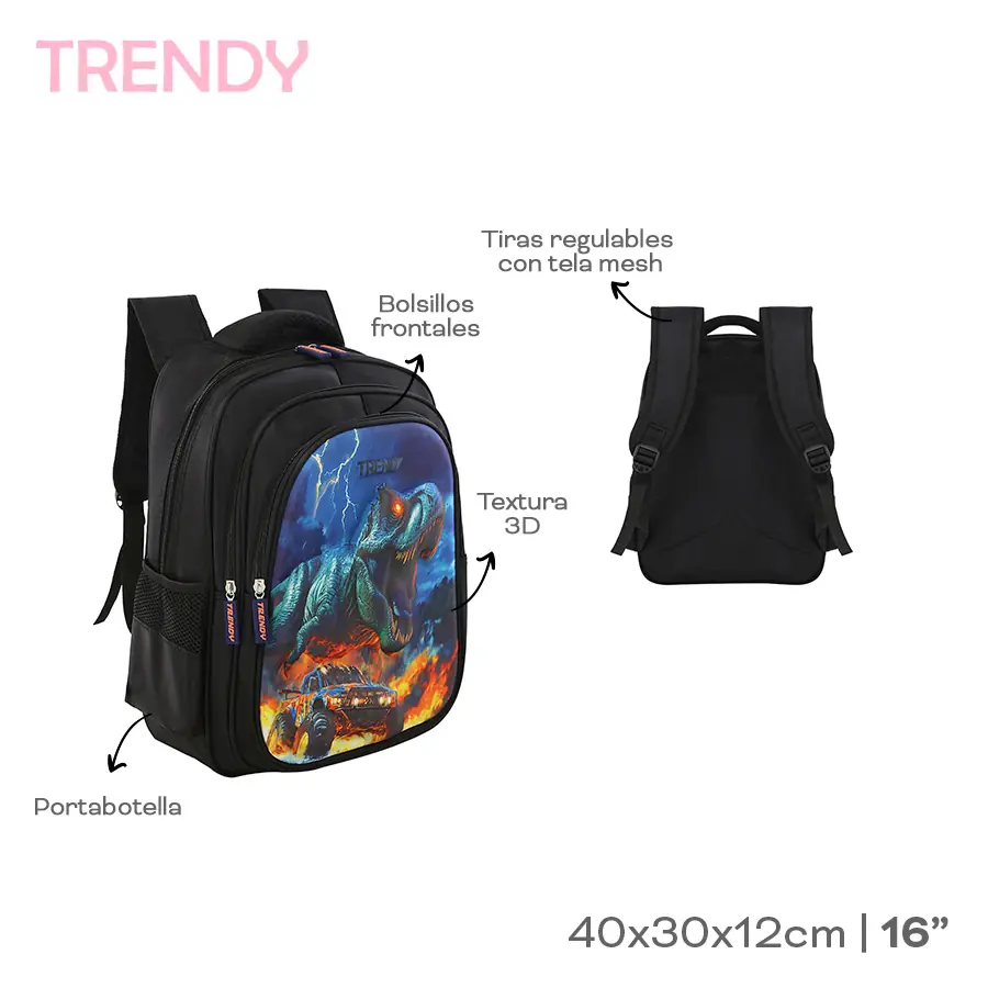 30117- Mochila Trendy	40cmX30cmX12cm	Nylon	16p, Portabotella, bol front, tiras reg con tela mesh, textura 3D +INFO+FOTOS