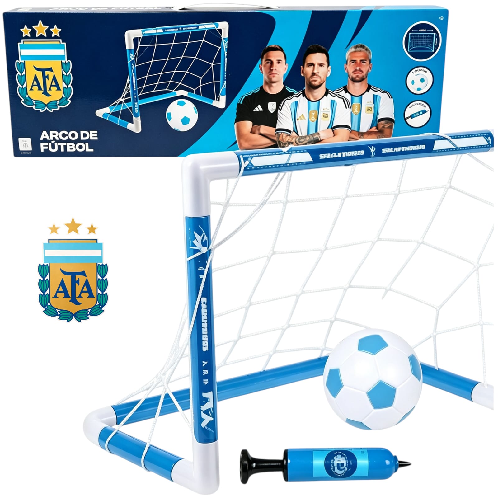 57508- ARCO DE FUTBOL C/PELOTA INFLADOR "AFA LICENCIA OFICIAL PAKAGING" 54X18X4 JUEGO JUGUETE+INFO+FOTOS