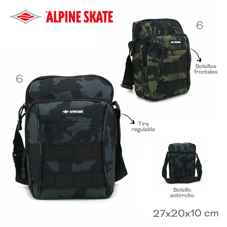 15748-	Morral Alpine Skate T2	27cm	20cm	10cm	Nylon	Bolsillos frontales, tira regulable, bolsillo antirrobo MARROQUINERIA +INFO+FOTOS