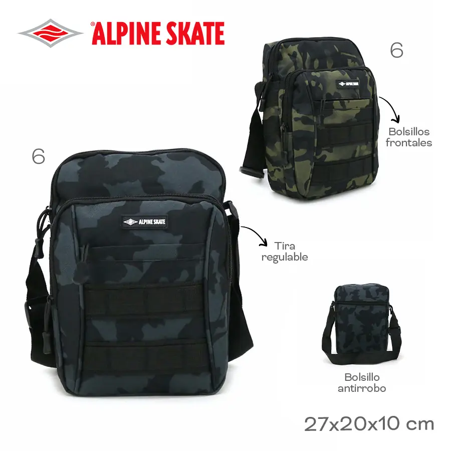 15748-	Morral Alpine Skate T2	27cm	20cm	10cm	Nylon	Bolsillos frontales, tira regulable, bolsillo antirrobo MARROQUINERIA +INFO+FOTOS