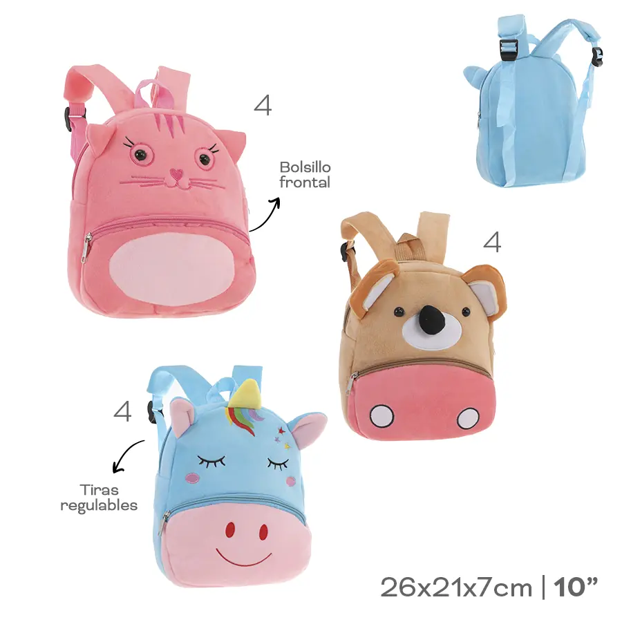 53711 - Mochila Peluche  Info: 10p, bolsillo frontal y tiras regulables  Composición: peluche  Alto: 26cm  Ancho: 21cm  Profundidad: 7cm +INFO+FOTOS