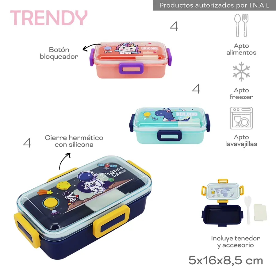 30425 - Lunchera Trendy  Info: Cierre hermético c silicona, bot bloq, incluye tenedor y accesorio  Composición: Plastico  Alto: 5cm  Ancho: 16cm  Profundidad: 8,5cm +INFO+FOTOS