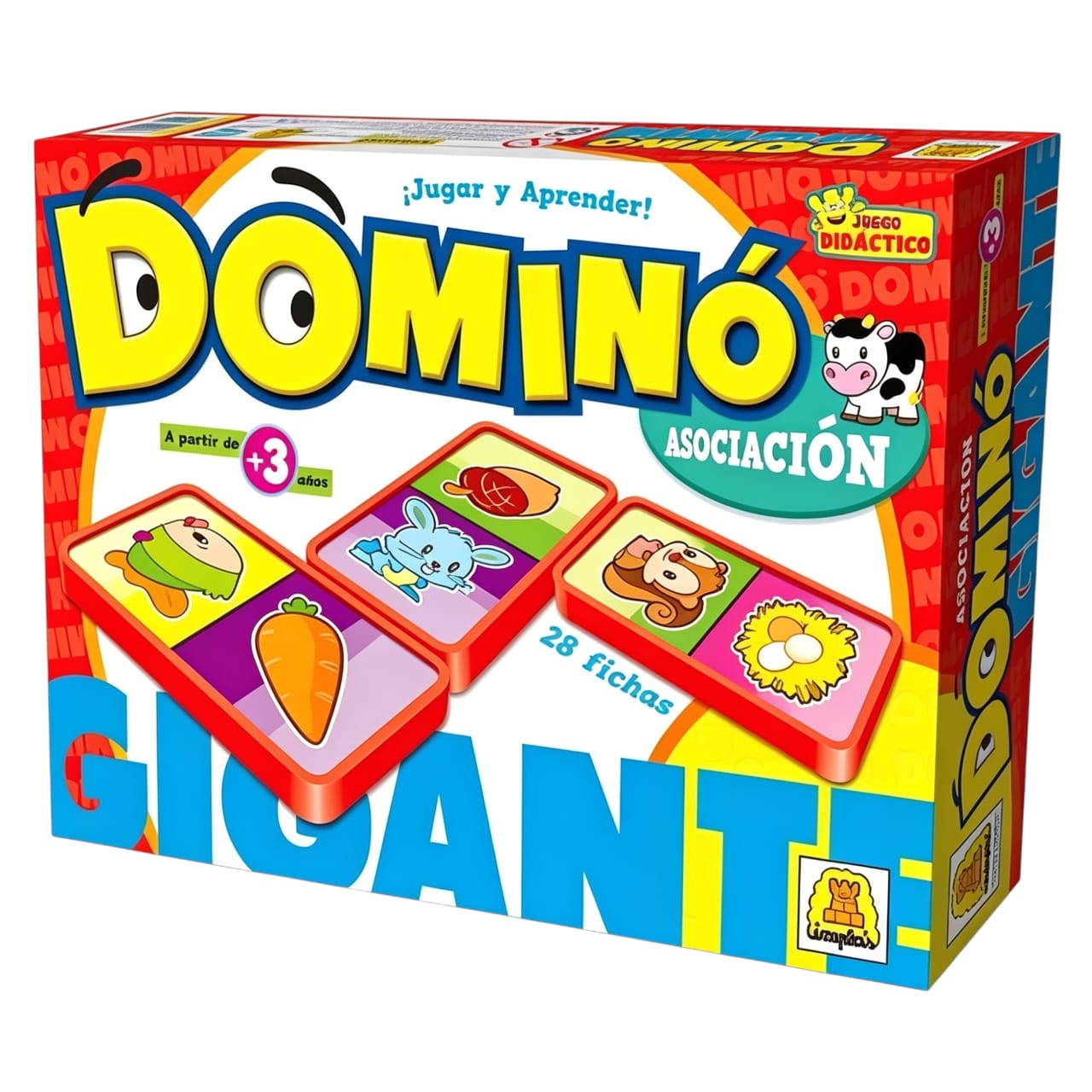 IM63 - Domino Gigante Asociación, IMPLAS  Dominó y Memoria CAJAX8 . Contiene 28 piezas Participantes: 2 a 4 jugadores Edad: a partir de 3 años Medidas de la caja 27 x 19.5 x 6 cm Juego de dominó didáctico infantil . Asociación por imágenes de animalitos con elementos que los caracterizan.