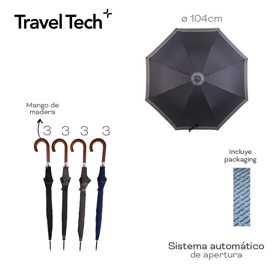Paraguas Travel Tech Largo Sistema Automático 104cm Nylon
