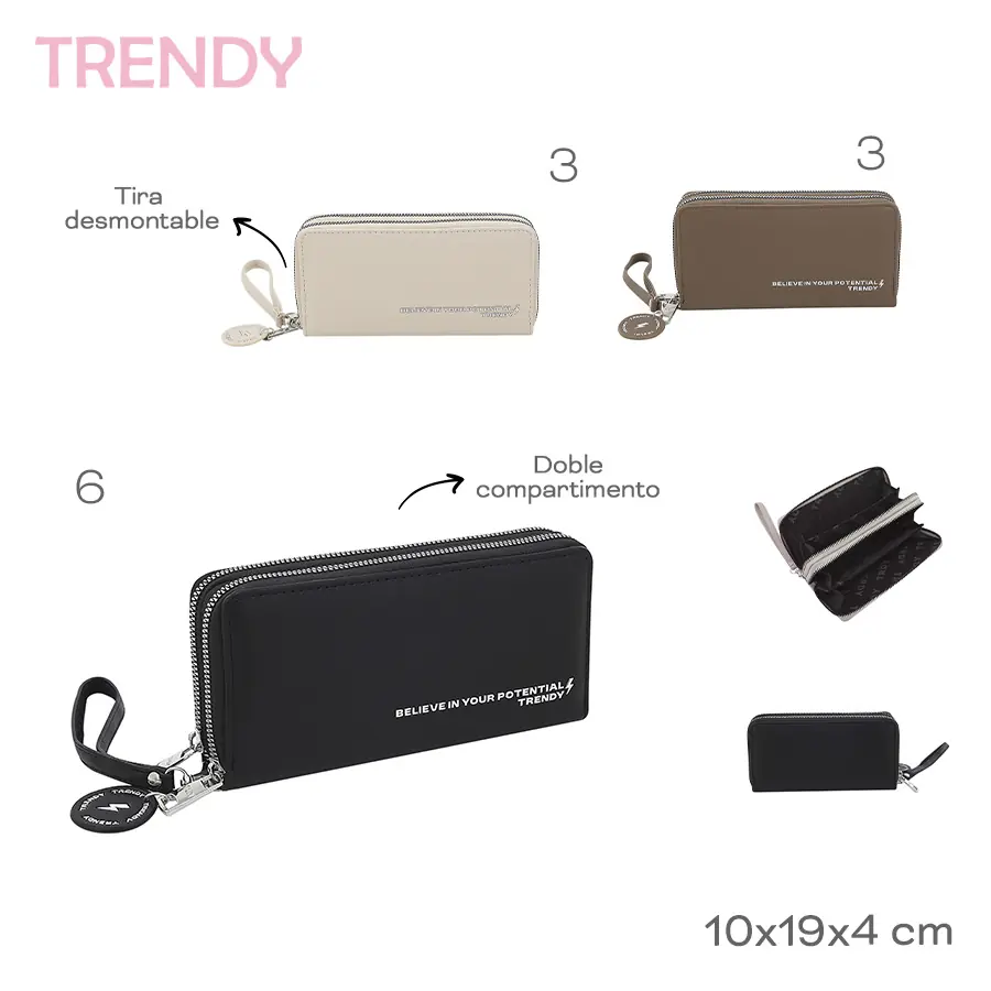 Billetera Trendy Grande 19x10x4cm Doble Compartimiento Cierre Cremallera Correa Muñeca