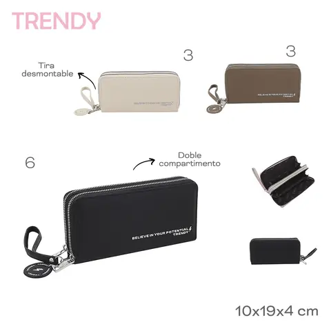 Billetera Trendy Grande 19x10x4cm Doble Compartimiento Cierre Cremallera Correa Muñeca