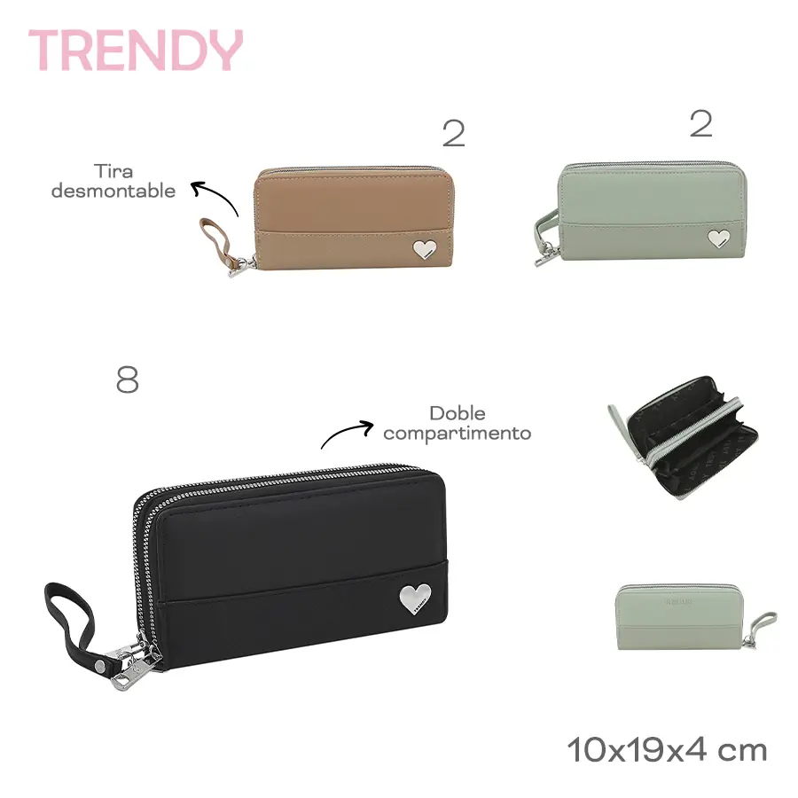 Billetera Trendy Doble Compartimento con Tira Desmontable 10x19x4cm